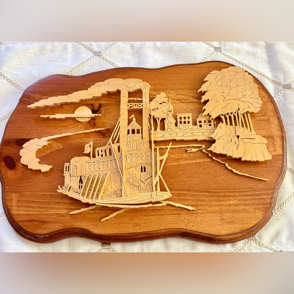Beautiful Wooden Riverboat plaque. Original handmade with intricate boat design.